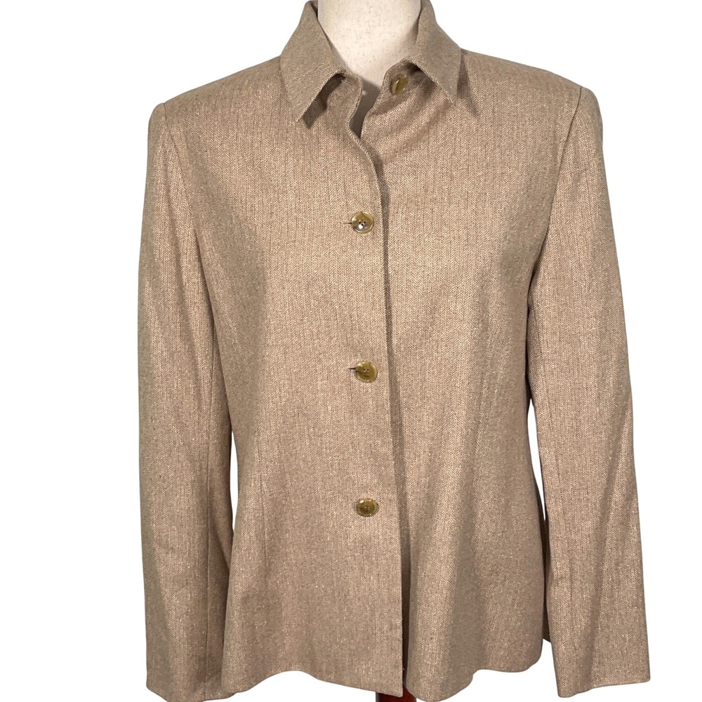 Jones New York Blazer Women 10 Brown Herringbone Limoges Career Neutral Silk NWT